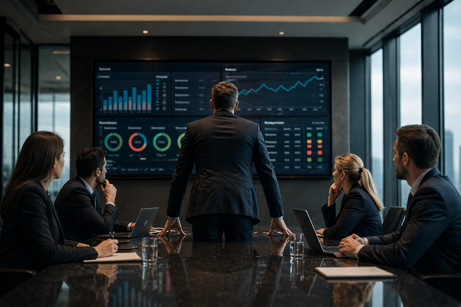 A focused business owner in a dimly lit, modern office reviewing a clear data dashboard on a large screen, conveying a sense of control and clarity.