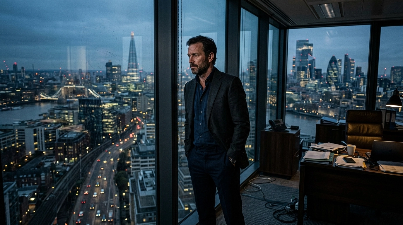 A business owner looking out of a London office window at sunset, reflecting on business growth strategies.