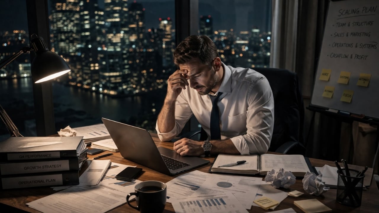 Business owner working late at night in an office, dealing with pressure and workload while trying to grow the business